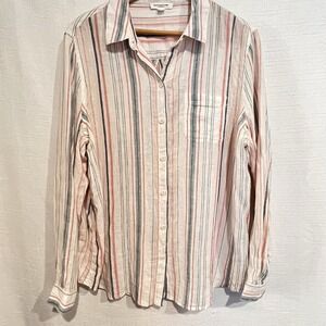 Beach Lunch Lounge Shirt Women XL Striped Long‎ Sleeve Linen Coastal Cowgirl